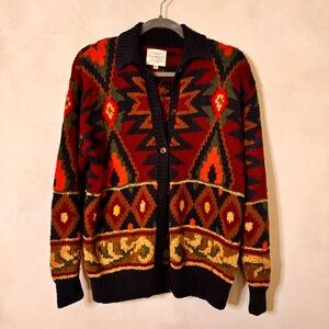 Hand Knit Red and Blue Geometric Cardigan | Oversized | Women's/ Unisex